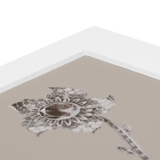 A close up detail of the white bevelled mount surrounding this watercolour jewellery illustration print